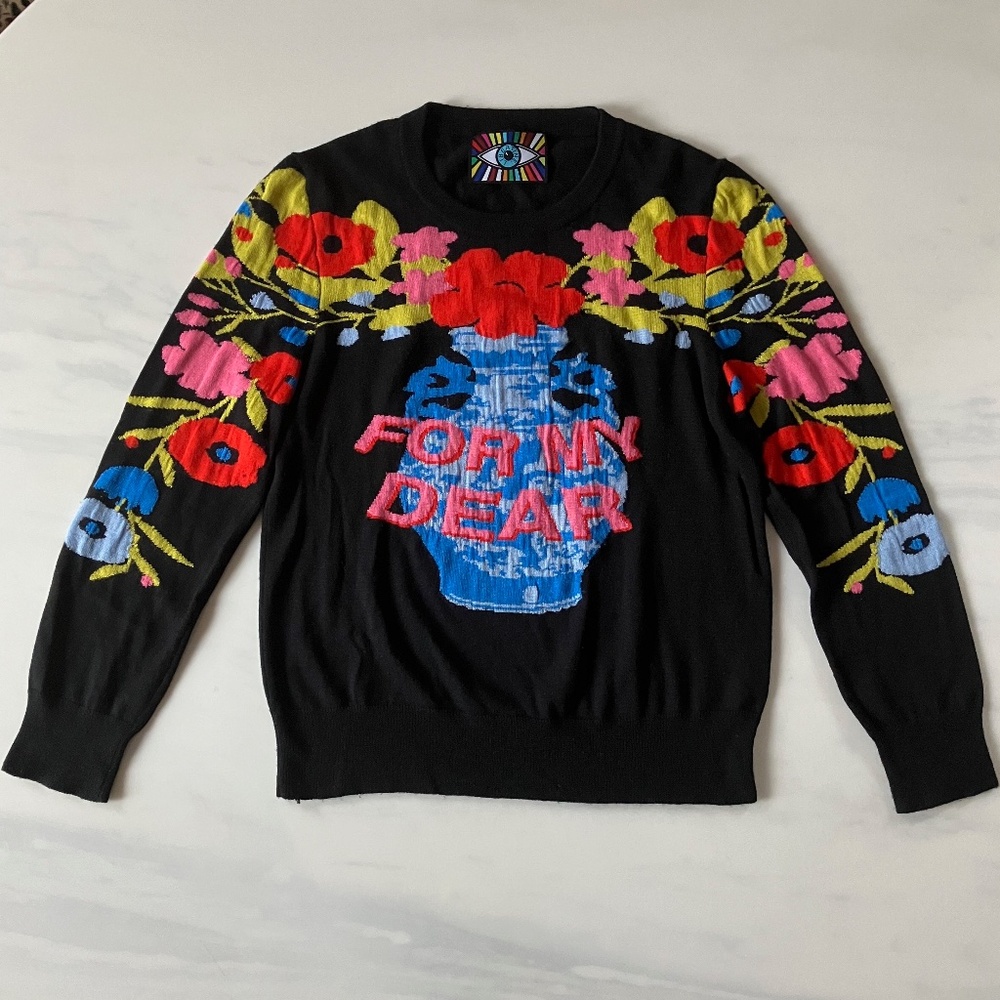 Showstopper! Libertine Black Cashmere/Silk Floral Embroidered Sweater XL L
